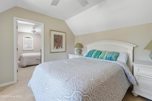 188 Edgewater Cir, Sunset Beach, NC 28468 - bedroom featuring carpet flooring, lofted ceiling, and ceiling fan