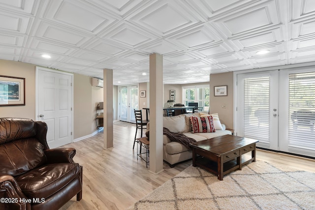 188 Edgewater Cir, Sunset Beach, NC 28468 - living room featuring french doors, an ornate ceiling, light wood-style floors, recessed lighting, and a wall mounted air conditioner
