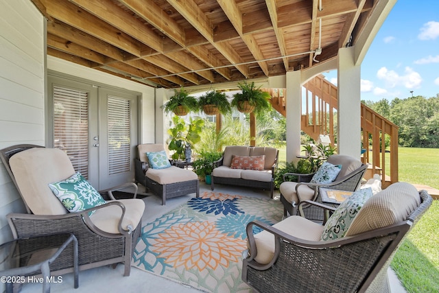 188 Edgewater Cir, Sunset Beach, NC 28468 - view of patio / terrace featuring an outdoor hangout area, stairs, and french doors