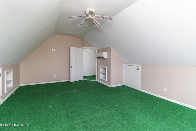 112 Highwoods Dr, Goldsboro, NC 27530 - bonus room featuring ceiling fan, a wall mounted AC, vaulted ceiling, built in shelves, and carpet floors
