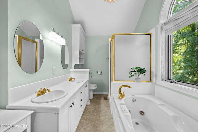 32 Windy Ct, Oriental, NC 28571 - bathroom with a stall shower, a jetted tub, double vanity, and vaulted ceiling