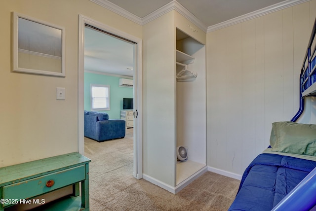 6703 13th Ave, North Topsail Beach, NC 28460 - carpeted bedroom featuring ornamental molding and a wall unit AC