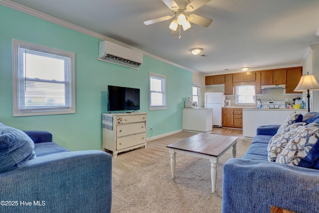 6703 13th Ave, North Topsail Beach, NC 28460 - living area featuring a wall mounted AC, crown molding, ceiling fan, and light carpet