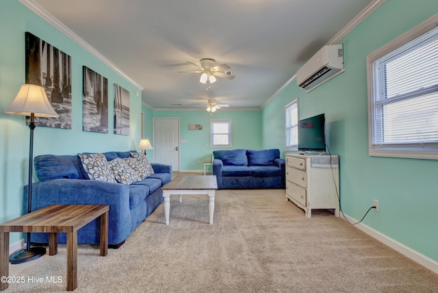 6703 13th Ave, North Topsail Beach, NC 28460 - carpeted living area featuring a wall mounted air conditioner, ornamental molding, and a ceiling fan