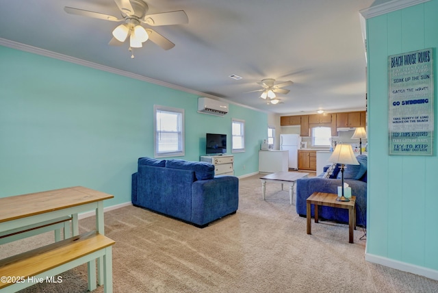 6703 13th Ave, North Topsail Beach, NC 28460 - living room with a ceiling fan, an AC wall unit, crown molding, and light carpet