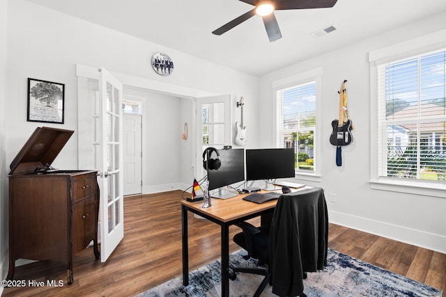 9154 Village Lake Dr SW, Calabash, NC 28467 - office space featuring a ceiling fan, healthy amount of natural light, wood finished floors, and french doors