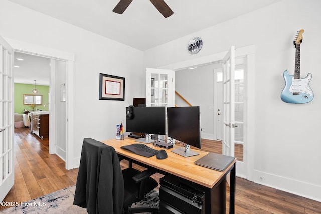 9154 Village Lake Dr SW, Calabash, NC 28467 - office space featuring a ceiling fan, hardwood / wood-style flooring, and french doors