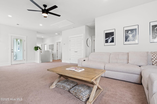 9154 Village Lake Dr SW, Calabash, NC 28467 - living area with ceiling fan, attic access, carpet floors, and recessed lighting