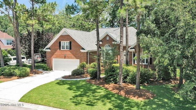 4725 Wedgefield Dr, Wilmington, NC 28409 - view of front of property with a garage, brick siding, driveway, a front yard, and a shingled roof