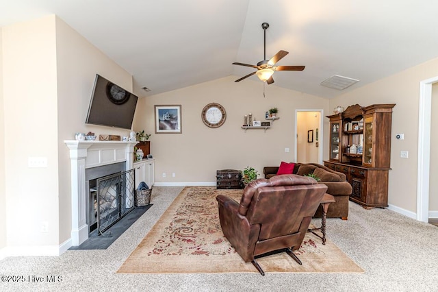 276 Widgeon Way, Lillington, NC 27546 - living room with a ceiling fan, a fireplace with flush hearth, carpet flooring, and lofted ceiling