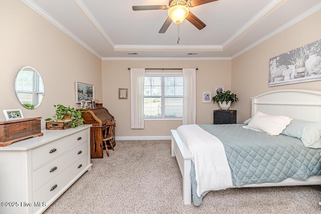 276 Widgeon Way, Lillington, NC 27546 - bedroom with light carpet, crown molding, a raised ceiling, and a ceiling fan