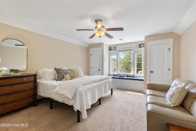 8203 Brays Dr, Wilmington, NC 28411 - bedroom with light carpet, lofted ceiling, and ceiling fan
