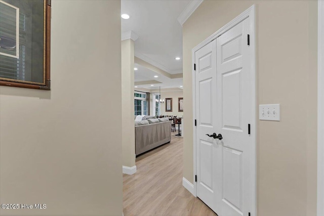 240 Cochrane Castle Cir Unit F, Pinehurst, NC 28374 - hallway with ornamental molding, light wood-type flooring, and recessed lighting
