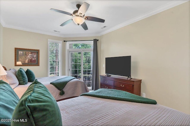 240 Cochrane Castle Cir Unit F, Pinehurst, NC 28374 - bedroom with access to outside, ornamental molding, and ceiling fan