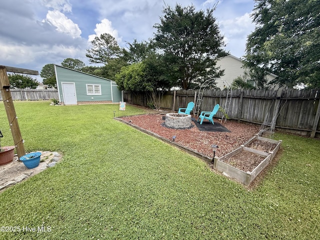 2834 Lancaster Rd NW, Wilson, NC 27896 - fenced backyard with a fire pit, a garden, and an outbuilding