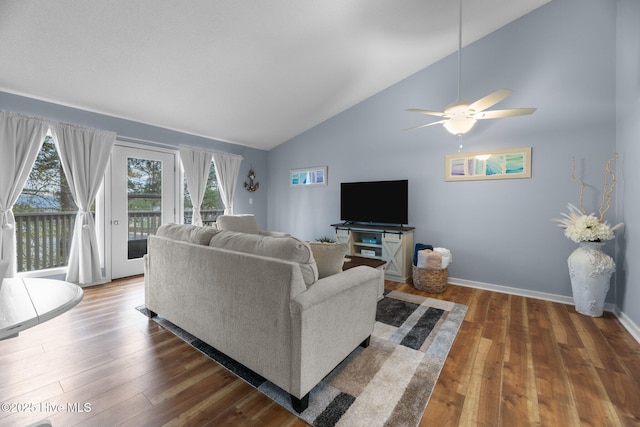 6227 Harbourside Dr, New Bern, NC 28560 - living area with wood finished floors, high vaulted ceiling, and ceiling fan
