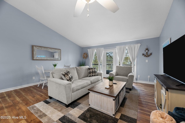 6227 Harbourside Dr, New Bern, NC 28560 - living room with lofted ceiling, dark wood-style floors, and ceiling fan