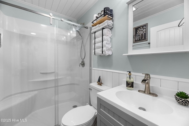 6227 Harbourside Dr, New Bern, NC 28560 - bathroom featuring a stall shower, vanity, a wainscoted wall, and wood ceiling