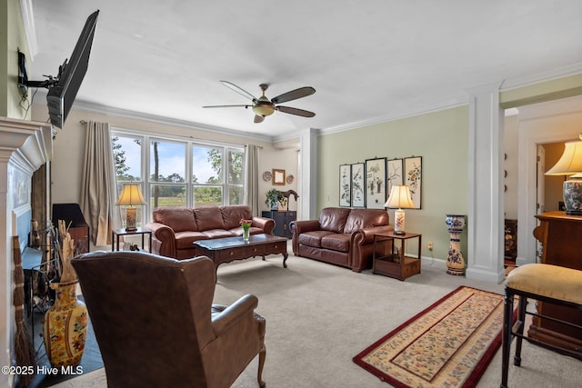 6122 Timber Creek Ln, Wilmington, NC 28411 - carpeted living room featuring a ceiling fan, crown molding, and a fireplace