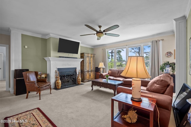 6122 Timber Creek Ln, Wilmington, NC 28411 - living room with a ceiling fan, carpet floors, a fireplace with flush hearth, and ornamental molding