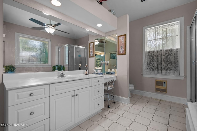 6122 Timber Creek Ln, Wilmington, NC 28411 - full bath with ceiling fan, heating unit, vanity, a stall shower, and recessed lighting