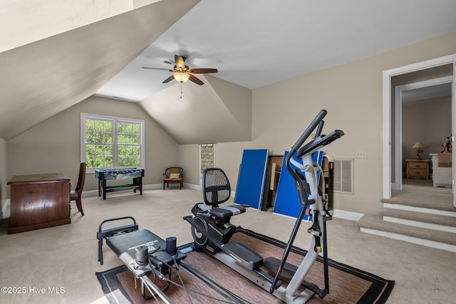 6122 Timber Creek Ln, Wilmington, NC 28411 - exercise room with carpet flooring, ceiling fan, and vaulted ceiling