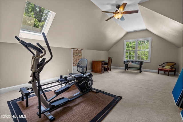 6122 Timber Creek Ln, Wilmington, NC 28411 - exercise room featuring lofted ceiling, carpet flooring, and a ceiling fan