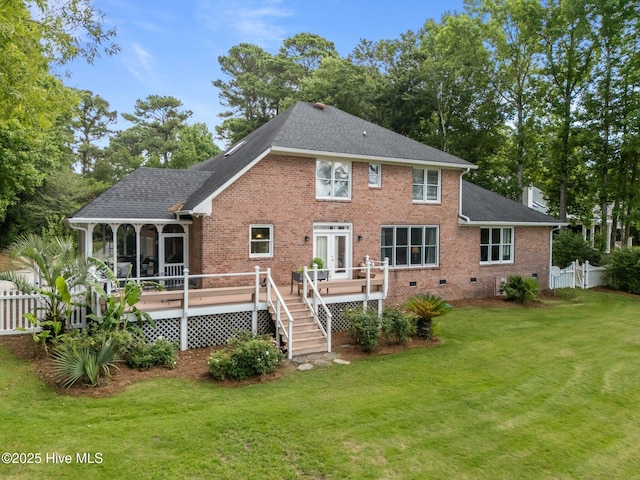 6122 Timber Creek Ln, Wilmington, NC 28411 - back of property with brick siding, crawl space, a deck, roof with shingles, and a chimney