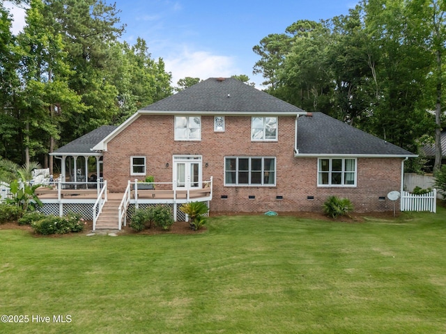 6122 Timber Creek Ln, Wilmington, NC 28411 - rear view of house featuring crawl space, a wooden deck, roof with shingles, brick siding, and french doors
