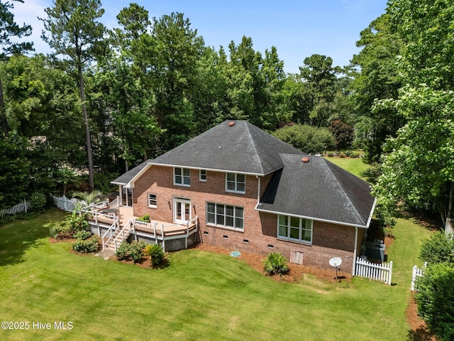 6122 Timber Creek Ln, Wilmington, NC 28411 - rear view of house with a deck, brick siding, roof with shingles, and crawl space
