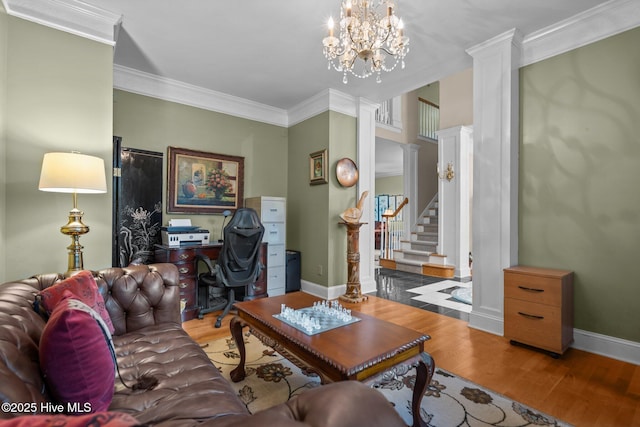 6122 Timber Creek Ln, Wilmington, NC 28411 - living area featuring decorative columns, wood finished floors, crown molding, an office area, and stairway
