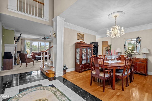6122 Timber Creek Ln, Wilmington, NC 28411 - dining room with a chandelier, ceiling fan, tile patterned flooring, stairs, and crown molding