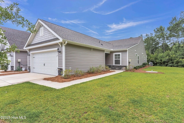 6468 Merceron St SW, Ocean Isle Beach, NC 28469 - view of side of home featuring a garage, concrete driveway, roof with shingles, and a yard