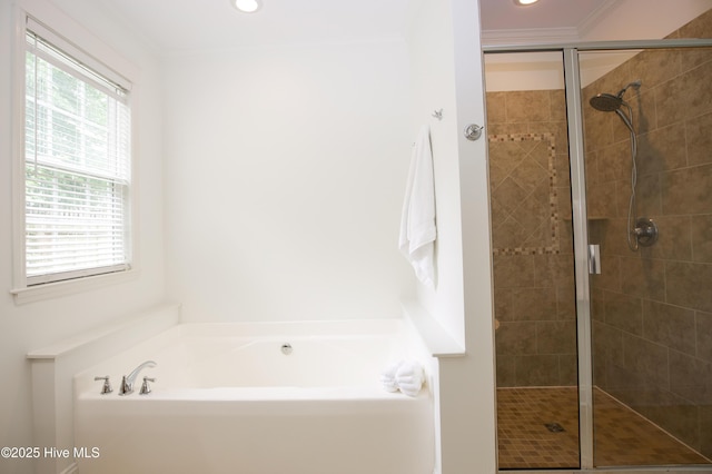 2 Tyler Way, Pinehurst, NC 28374 - full bathroom with a bath, a shower stall, ornamental molding, and recessed lighting