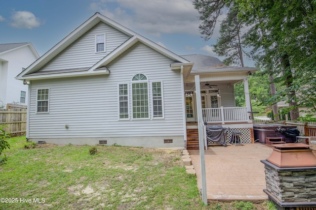 2 Tyler Way, Pinehurst, NC 28374 - rear view of house with crawl space, a hot tub, a ceiling fan, and a patio