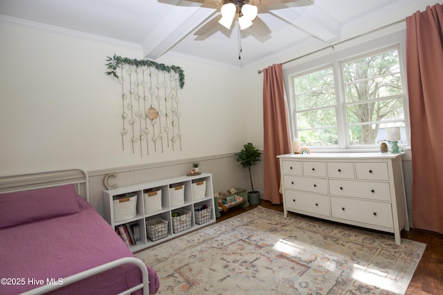 615 E Main St, Aberdeen, NC 28315 - bedroom featuring beamed ceiling, wood finished floors, ornamental molding, and ceiling fan