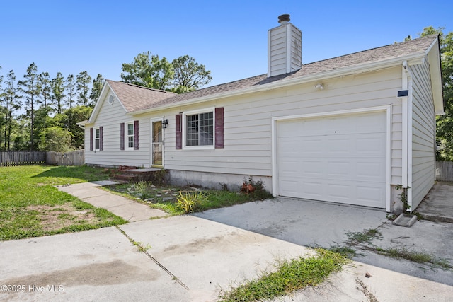 608 Calabash Dr, Hubert, NC 28539 - ranch-style home featuring a garage, concrete driveway, a chimney, and roof with shingles