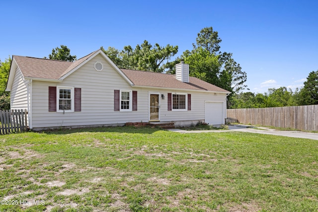608 Calabash Dr, Hubert, NC 28539 - ranch-style home featuring an attached garage, concrete driveway, a chimney, and a shingled roof