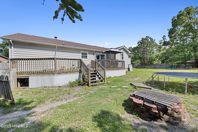 608 Calabash Dr, Hubert, NC 28539 - rear view of house featuring an outdoor fire pit, a deck, and stairway