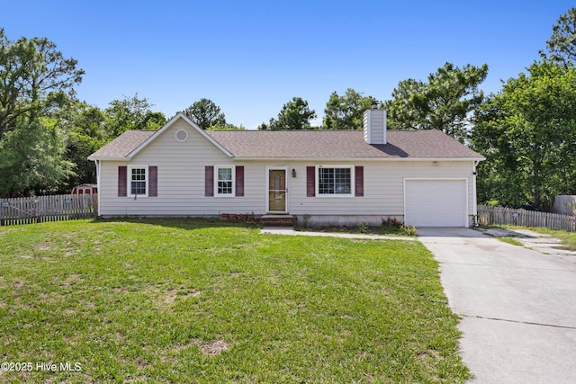 608 Calabash Dr, Hubert, NC 28539 - single story home featuring an attached garage, concrete driveway, a chimney, and a shingled roof