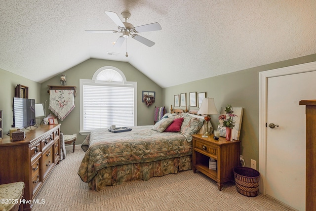 1045 Edenton Dr NW, Calabash, NC 28467 - bedroom with light carpet, lofted ceiling, a textured ceiling, and a ceiling fan