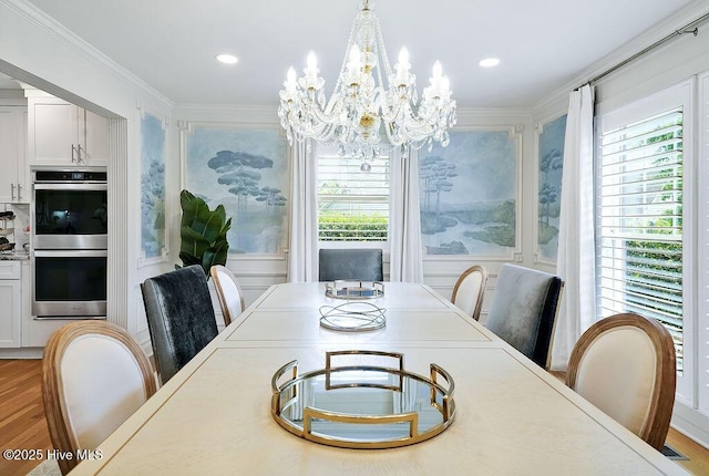 311 Lennox Pl, Wilmington, NC 28412 - dining space featuring a chandelier, ornamental molding, wood finished floors, and recessed lighting