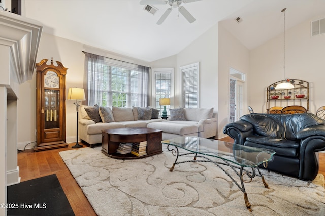 258 Morning View Way, Leland, NC 28451 - living area featuring a ceiling fan, wood finished floors, and high vaulted ceiling