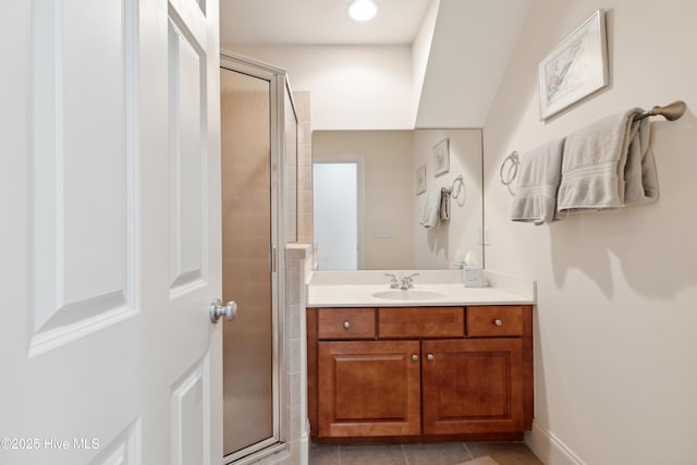 258 Morning View Way, Leland, NC 28451 - bathroom featuring vanity, a stall shower, and tile patterned flooring
