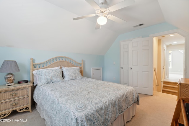258 Morning View Way, Leland, NC 28451 - bedroom with light carpet, vaulted ceiling, and ceiling fan