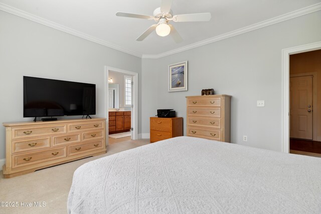 258 Morning View Way, Leland, NC 28451 - bedroom with ornamental molding, light carpet, connected bathroom, and ceiling fan