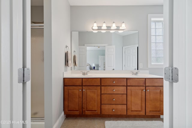 258 Morning View Way, Leland, NC 28451 - full bath featuring double vanity, a stall shower, and tile patterned flooring