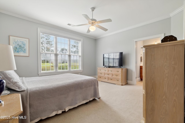 258 Morning View Way, Leland, NC 28451 - bedroom with crown molding, light colored carpet, ceiling fan, and ensuite bathroom