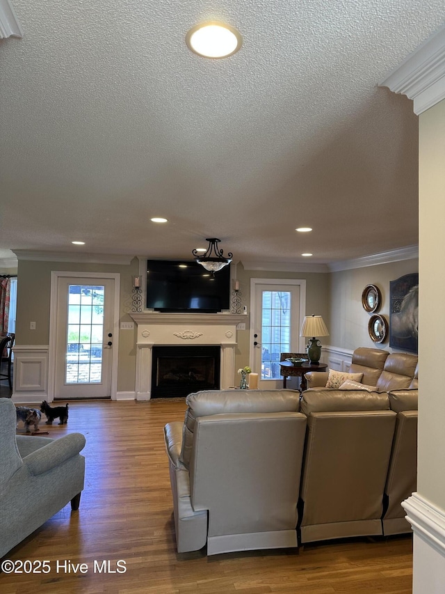 2270 Bella Coola Rd, Lake Waccamaw, NC 28450 - living area with crown molding, a fireplace, healthy amount of natural light, a textured ceiling, and wood finished floors