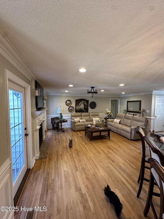 2270 Bella Coola Rd, Lake Waccamaw, NC 28450 - living area featuring crown molding, a textured ceiling, wood finished floors, a fireplace, and recessed lighting